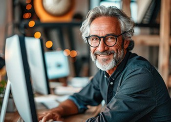 an older man smiling and working on a computer